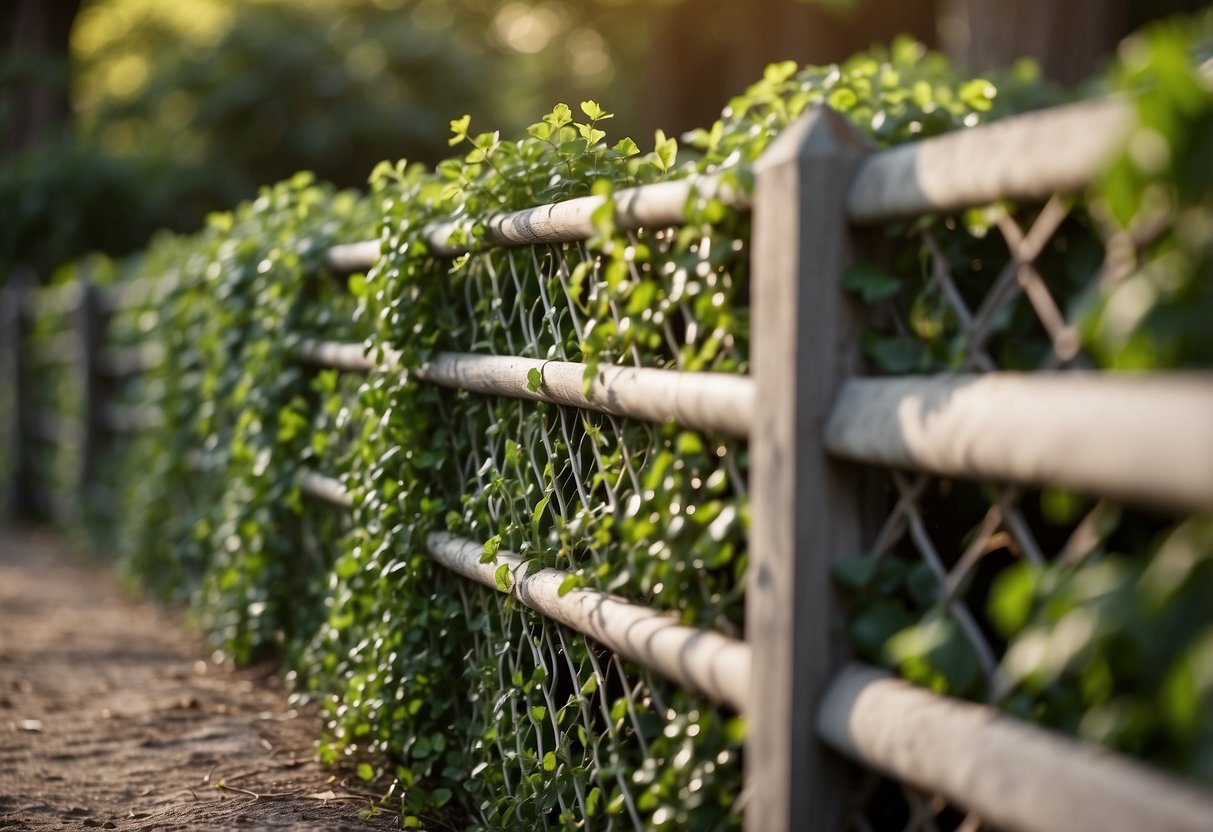 A portable faux ivy fence screen covers a garden fence, creating a lush and natural barrier