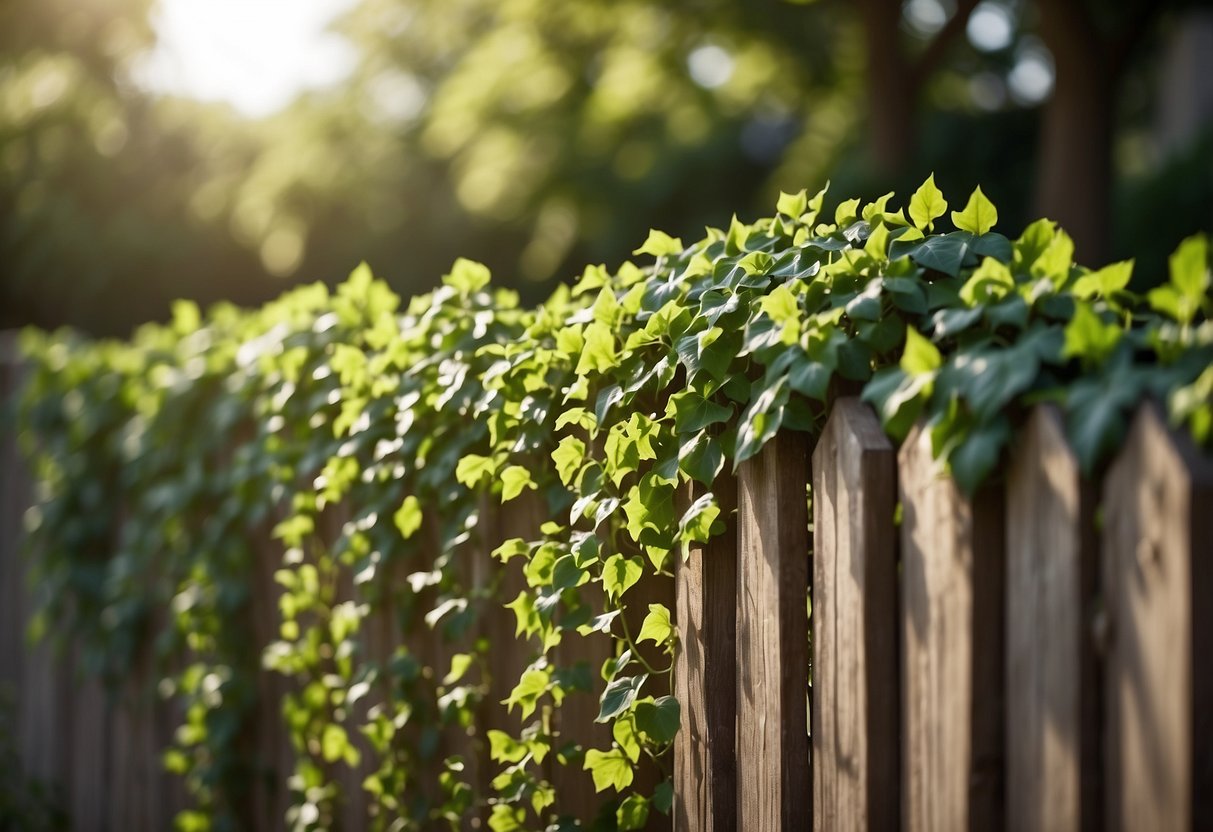 Lush green fake ivy cascades over a wooden garden fence, creating a natural and serene atmosphere