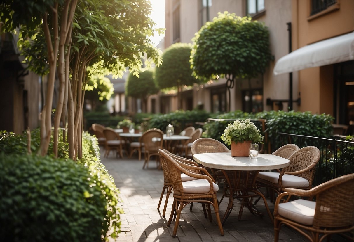 A cozy outdoor seating area adorned with faux ivy, weaving through the chairs and tables, creating a lush and inviting atmosphere