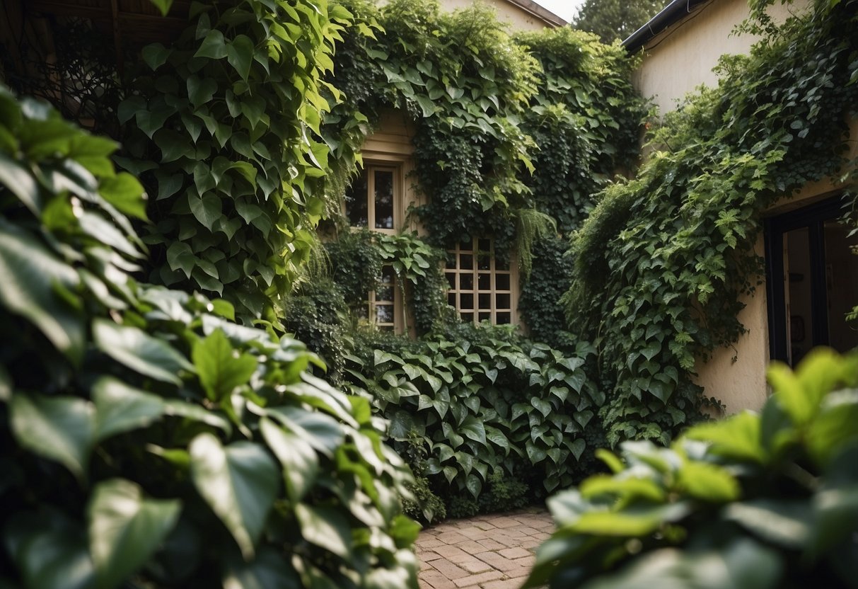 A lush garden of artificial ivy intertwined with faux plants, creating a vibrant and natural-looking display