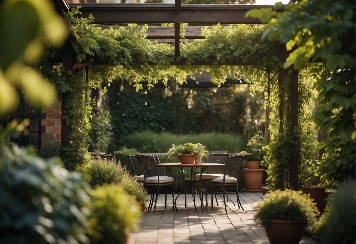 A patio with a faux ivy canopy draped over a pergola, creating a lush and green garden atmosphere