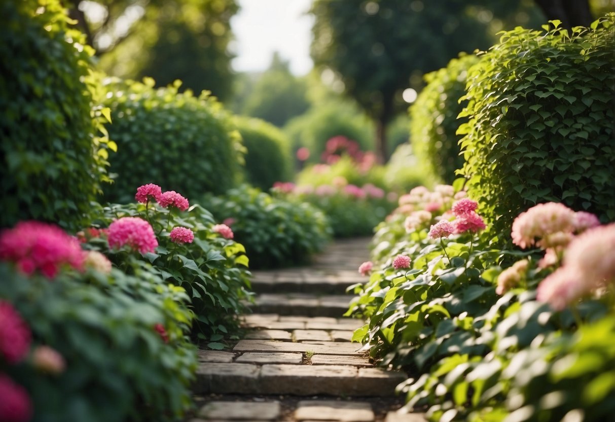 A garden pathway lined with fake ivy, winding through lush greenery and colorful flowers, creating a whimsical and enchanting atmosphere