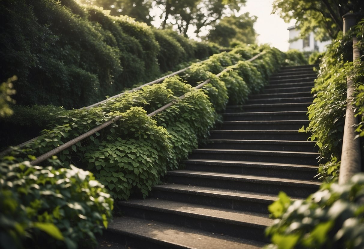 Outdoor staircases adorned with artificial ivy, winding and cascading down the steps, creating a lush and natural garden-like atmosphere