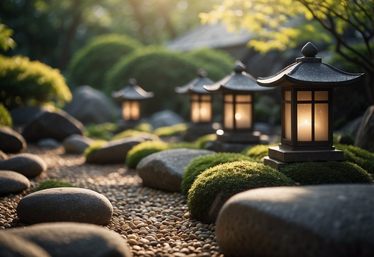 Stone lanterns illuminate a serene Japanese rock garden, surrounded by carefully raked gravel and lush greenery