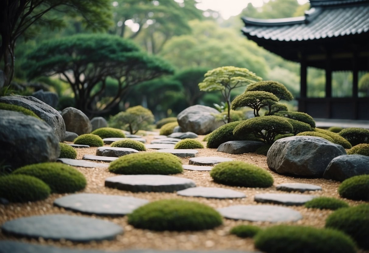 A serene Japanese rock garden with meandering stepping stone paths and carefully raked gravel