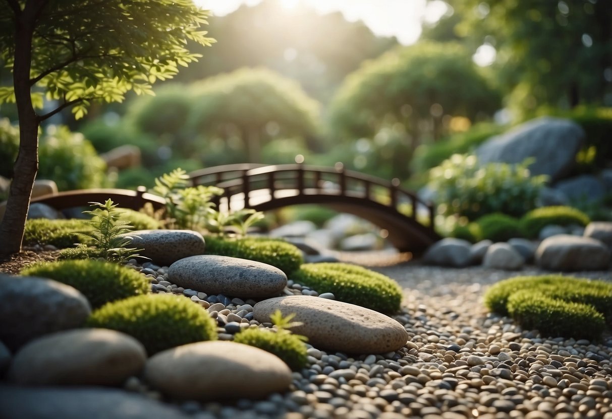 A serene Zen garden with bridges over raked gravel, surrounded by carefully placed rocks and lush greenery