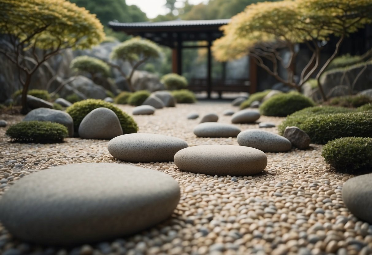 A tranquil Japanese rock garden with minimalist seating areas. Zen stones, raked gravel, and simple wooden benches create a serene atmosphere