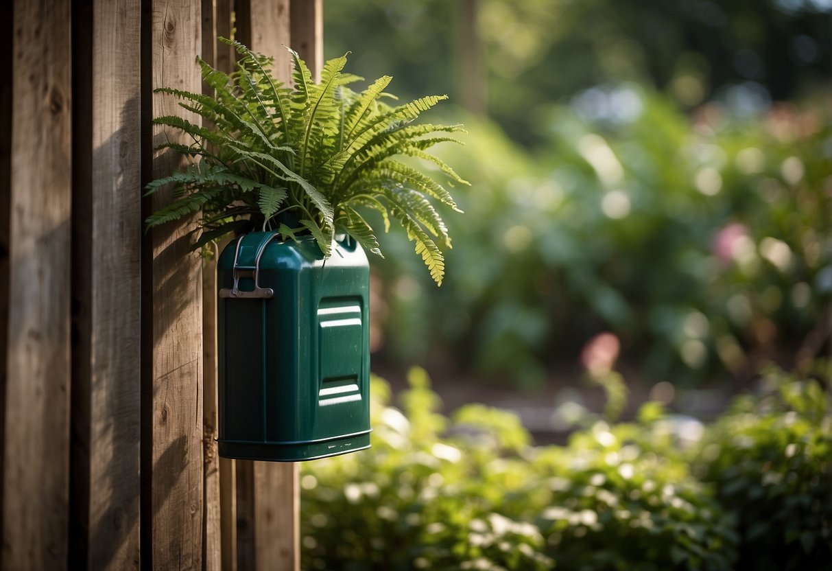 A jerrycan repurposed as a plant holder, hanging from a wooden beam in a lush garden setting