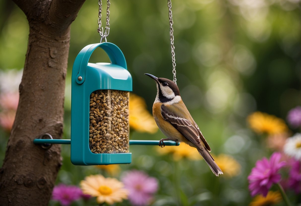 A jerrycan bird feeder hangs in a lush garden, surrounded by colorful flowers and buzzing bees