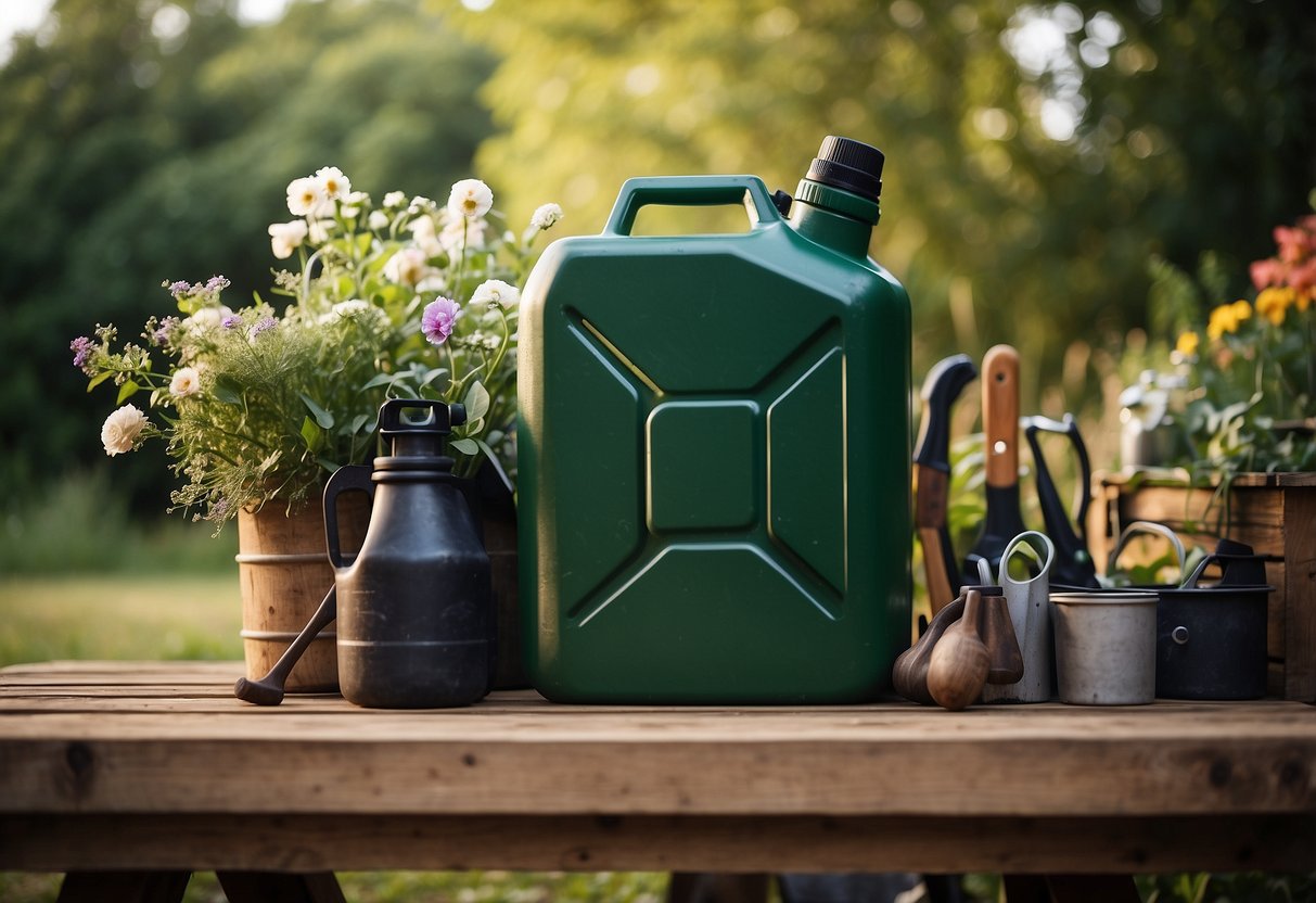 A jerrycan sits among garden tools and supplies, nestled in a rustic storage area with greenery and flowers