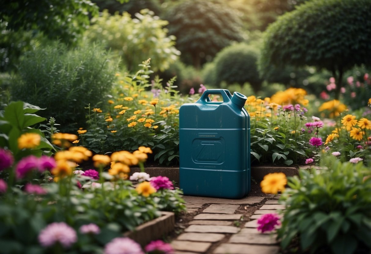 A jerrycan repurposed as a water fountain in a garden, surrounded by lush greenery and colorful flowers