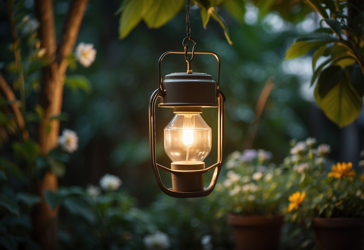 A jerrycan repurposed as a hanging light fixture in a garden, casting a warm glow over a variety of plants and flowers