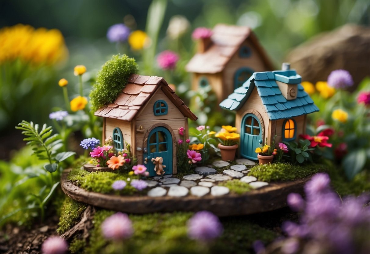 A fairy garden with jerrycan planters, colorful flowers, and tiny fairy houses nestled among lush greenery