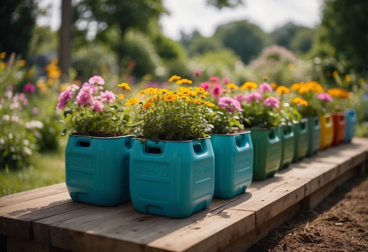 A garden with colorful jerrycans repurposed as planters, buzzing with bees and blooming flowers in a peaceful sanctuary