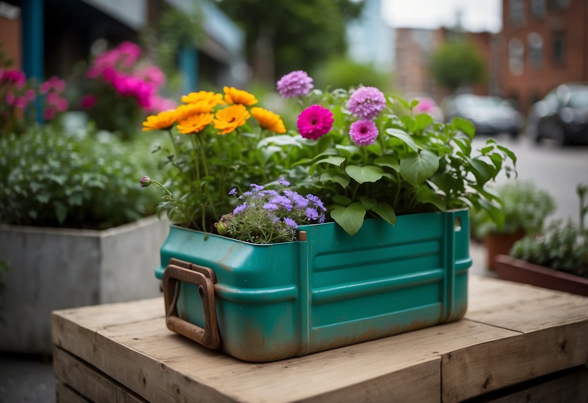 A jerrycan converted into a planter box, overflowing with vibrant flowers and greenery, adding a pop of color to a small urban garden space