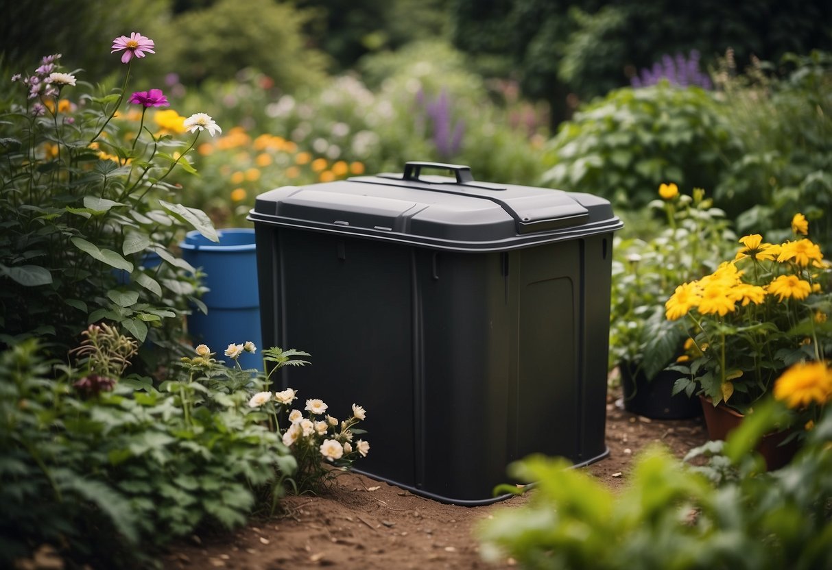 A compost bin sits next to a jerrycan, surrounded by a lush garden with various plants and flowers