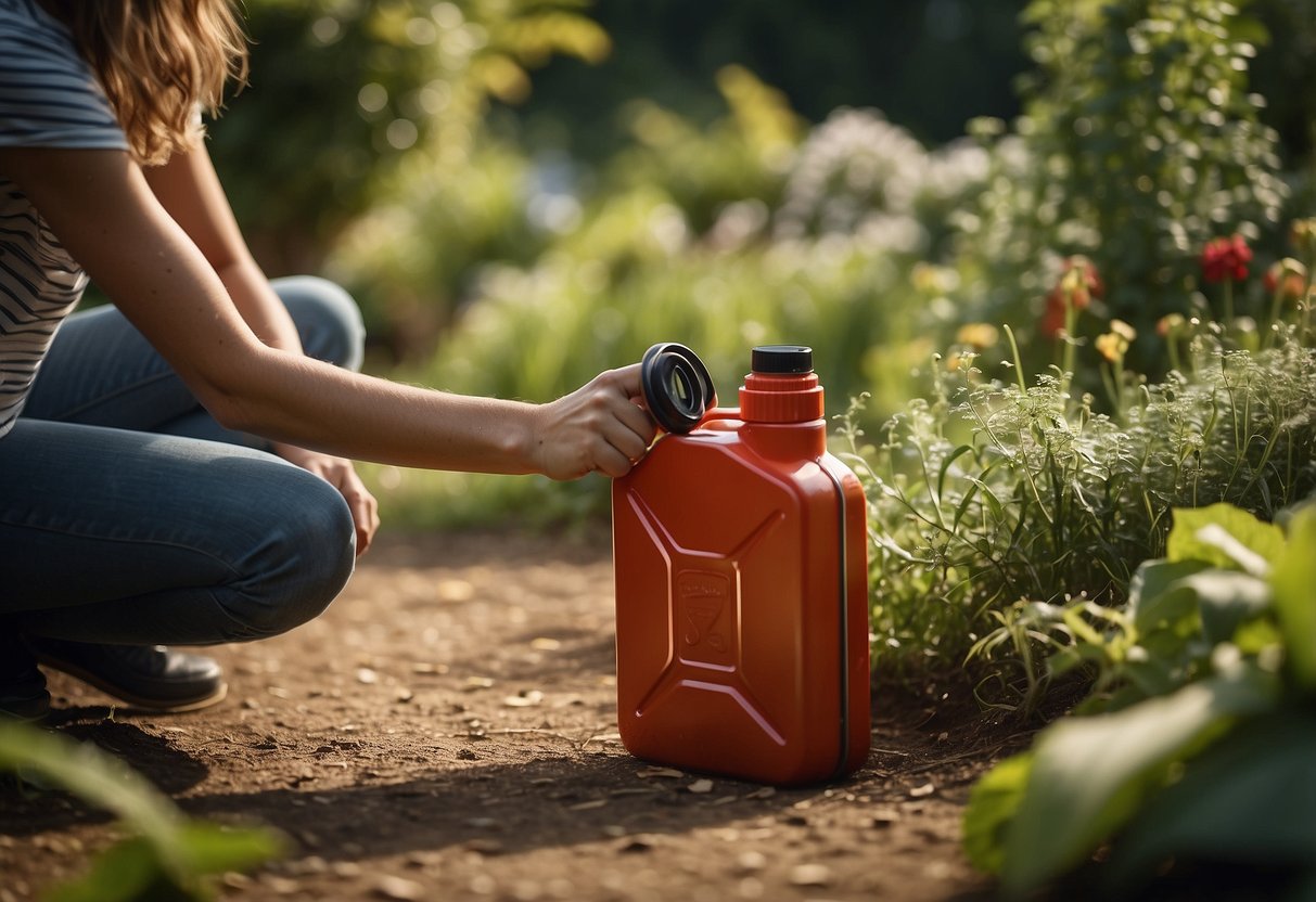 A person selects a jerrycan from a variety of options in a garden setting