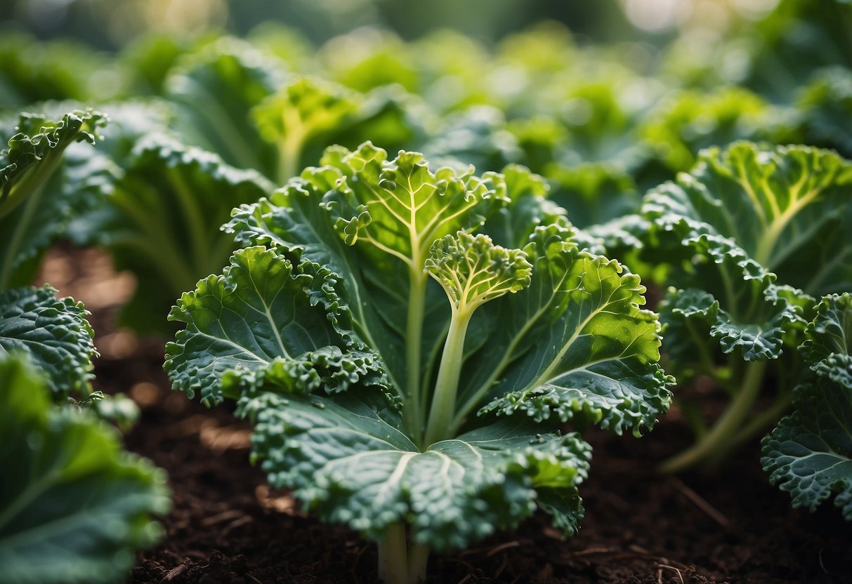 Lush green kale plants growing vertically in a garden, with various sizes and shapes creating a visually appealing and vibrant scene