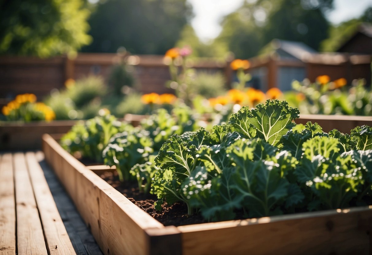 A sunny backyard with raised garden beds filled with vibrant green kale plants, surrounded by colorful flowers and buzzing bees