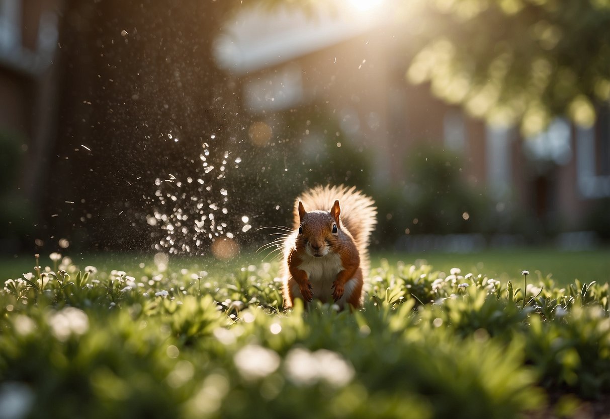 A garden with motion-activated sprinklers keeping squirrels away from plants and flowers