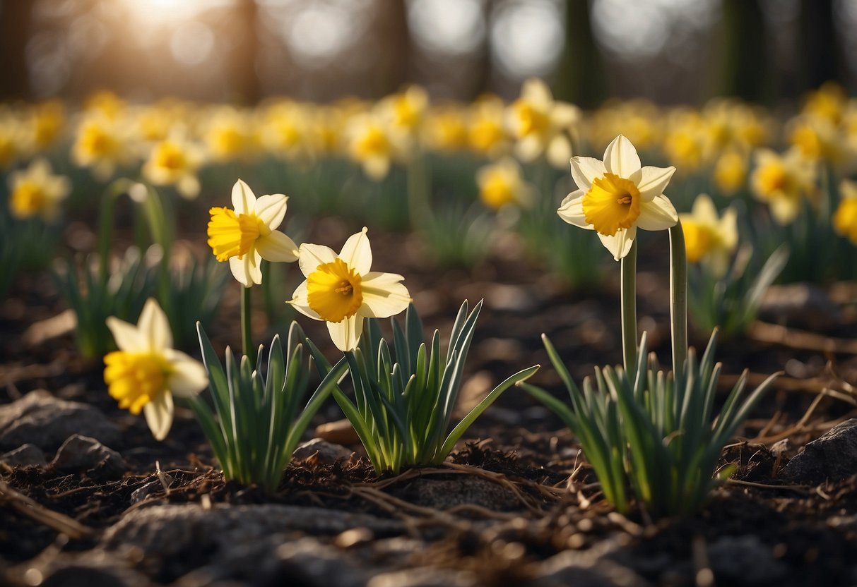 Daffodils are planted in a garden, surrounded by deterrents to keep squirrels out