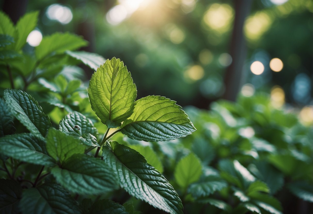 Lush mint plants surround garden perimeter, deterring squirrels from entering. Vibrant green leaves and strong scent create a natural barrier