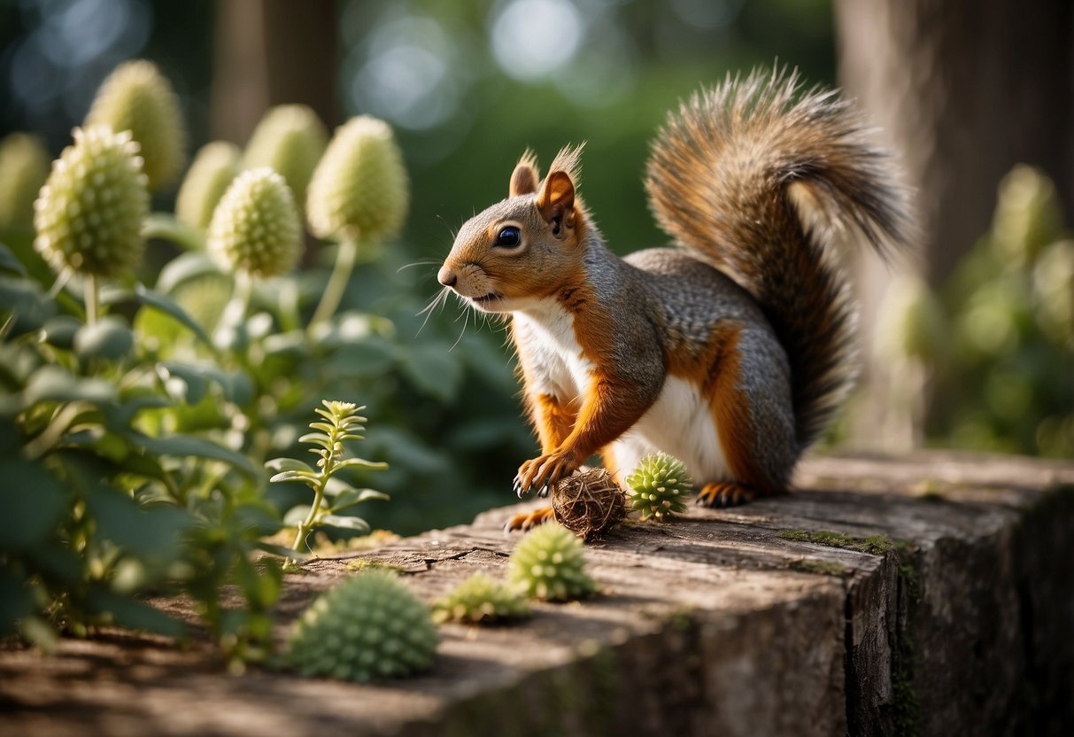 A garden with squirrel repellent applied to plants and fences. Squirrels are seen avoiding the area, with a clear boundary of protection