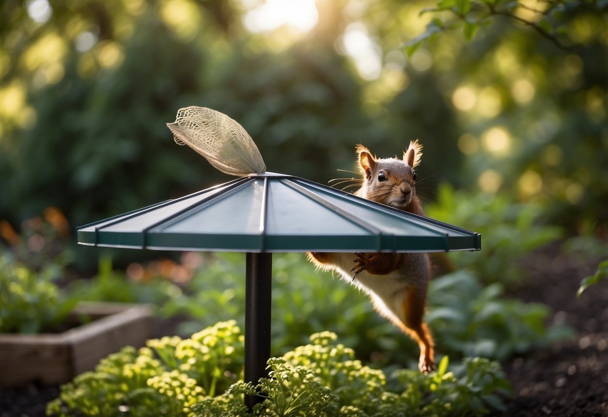 A squirrel baffle is installed around a garden bed, preventing squirrels from entering. The baffle is made of metal or plastic and is tall enough to deter the squirrels from climbing over it