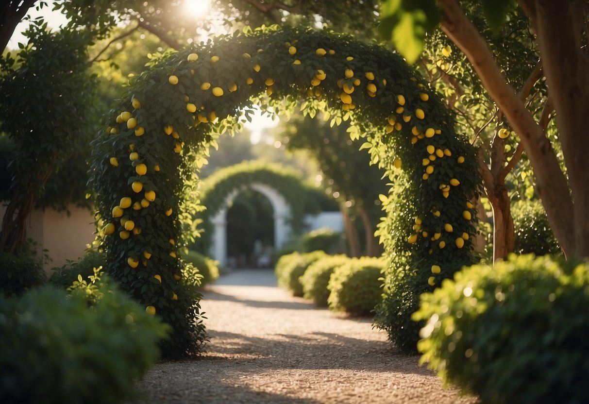 A lush lemon tree archway frames a serene garden path, with dappled sunlight filtering through the leaves onto the winding gravel walkway