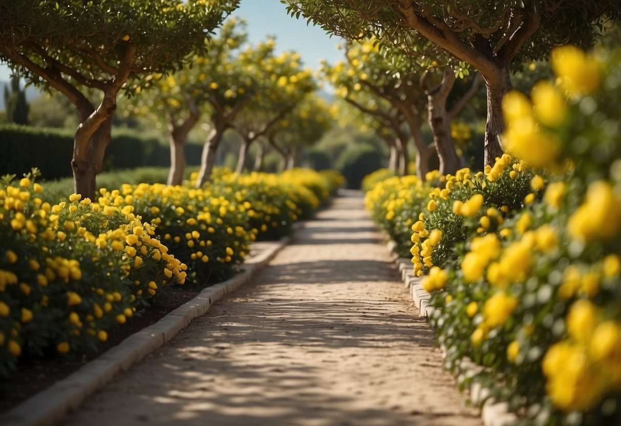 A winding garden path lined with lush lemon trees and bright yellow flowers, creating a vibrant and refreshing lemon-themed atmosphere