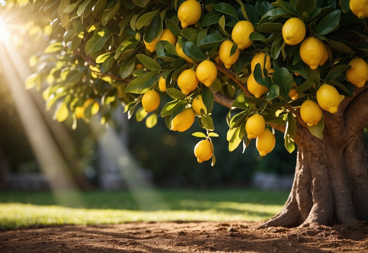 A lush lemon tree border surrounds a vibrant garden, with sunlight streaming through the leaves and casting dappled shadows on the ground