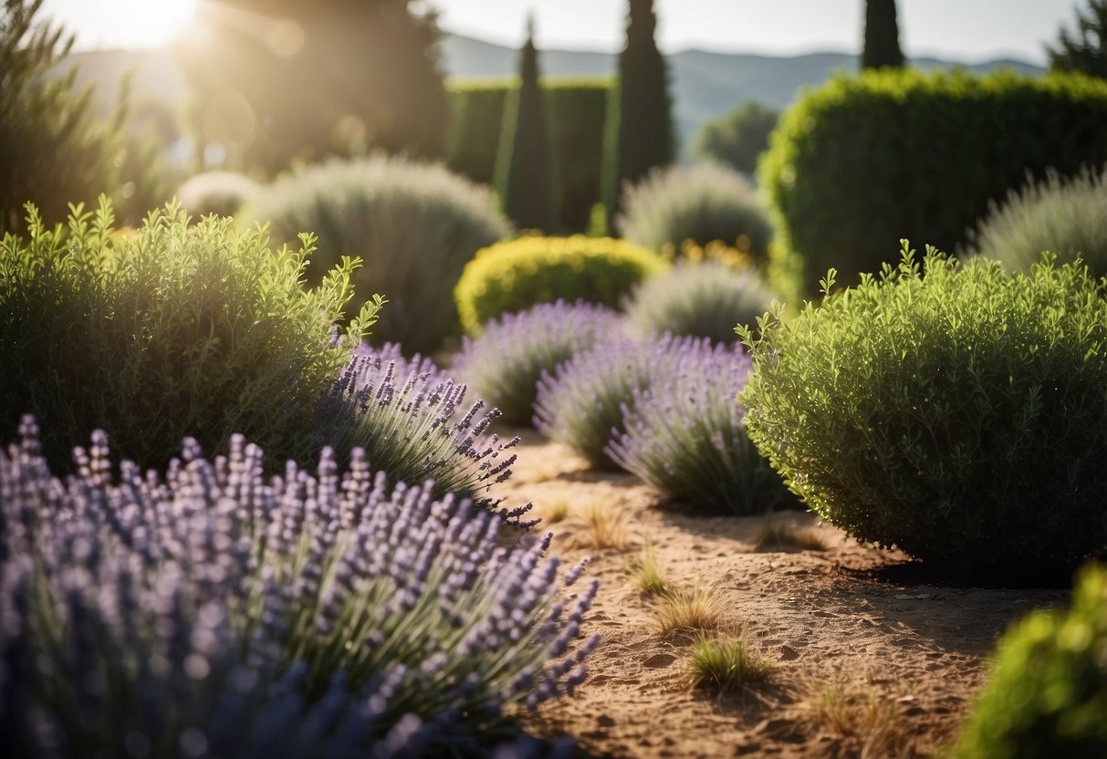 A sunny garden filled with lemon trees and lavender bushes, creating a vibrant and fragrant landscape