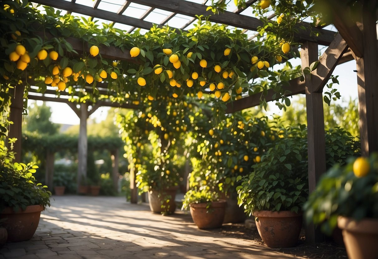 Lemon trees grow in a lush garden pergola, with dappled sunlight filtering through the leaves. The pergola is adorned with climbing vines, creating a serene and inviting space