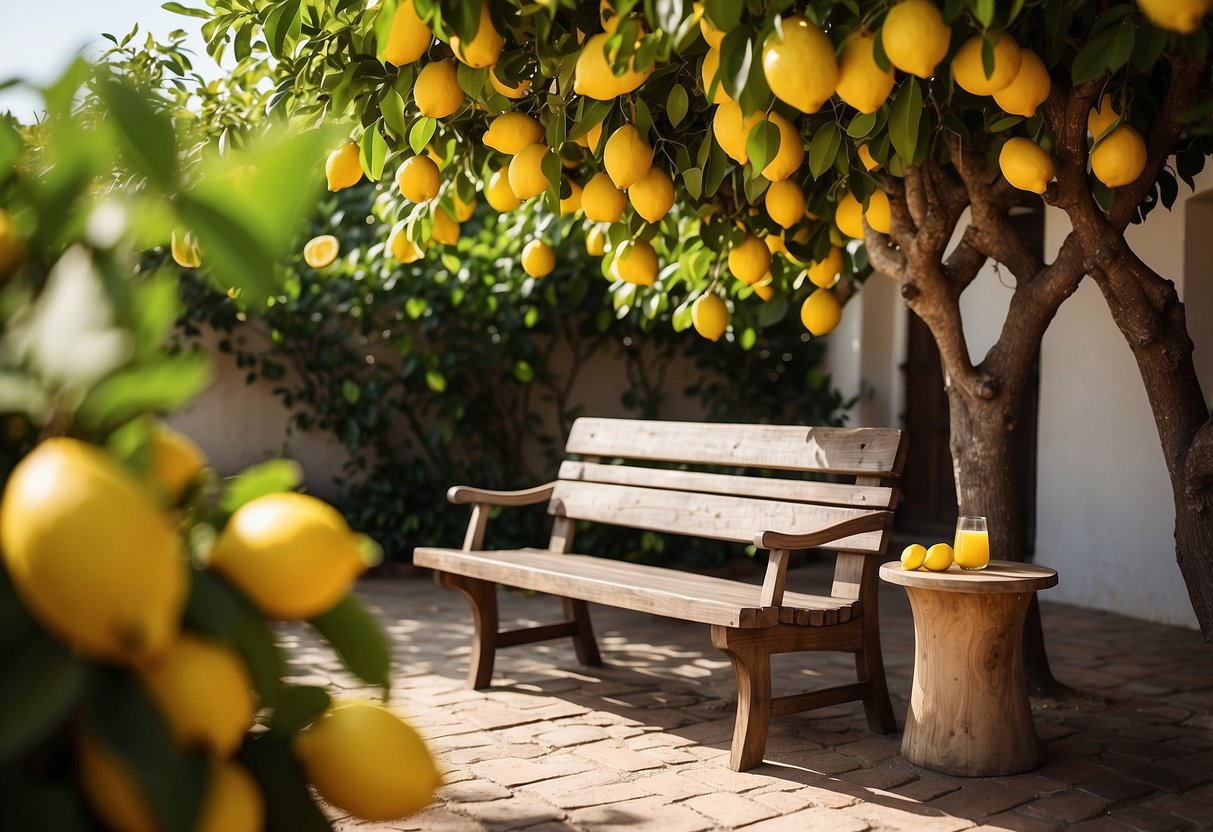 A cozy seating area under a lemon tree, with a wooden bench and table, surrounded by lush greenery and vibrant yellow lemons hanging from the branches