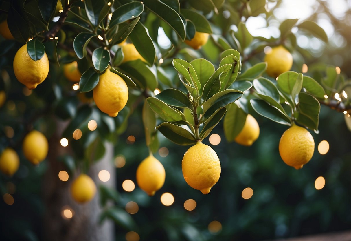 Lemon trees adorned with twinkling fairy lights in a serene garden setting