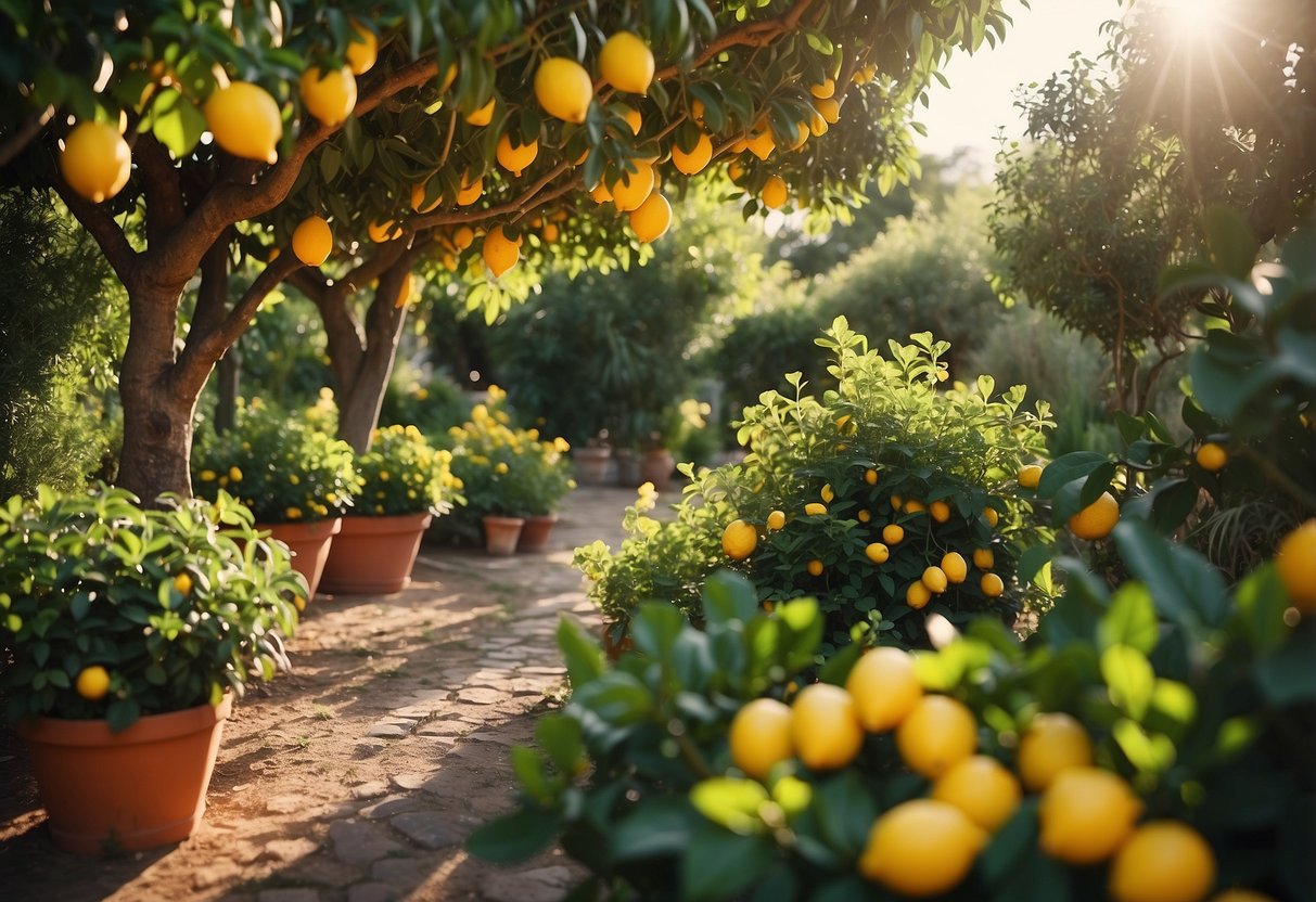 A sunny garden with a variety of lemon trees in different sizes and shapes, surrounded by colorful flowers and lush greenery