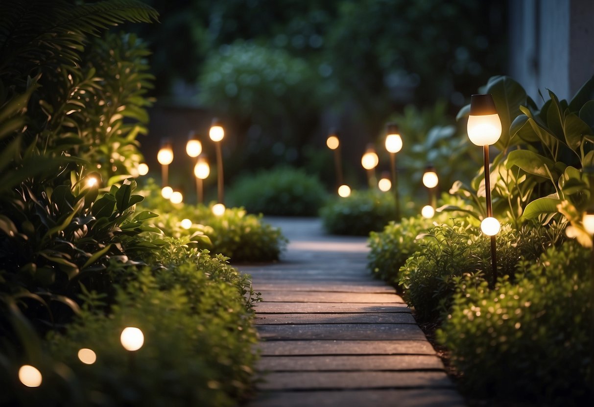 A pathway lined with LED lights winds through a lush backyard garden, casting a warm glow on the surrounding plants and creating a serene and inviting atmosphere