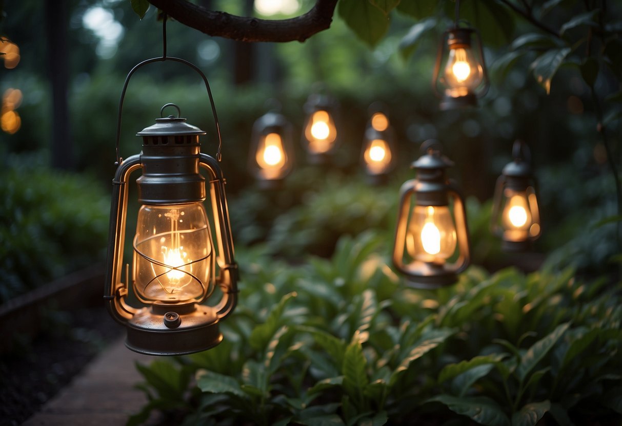 Vintage Edison bulb lanterns illuminate a lush backyard garden, casting a warm glow on the surrounding foliage and creating a cozy and inviting atmosphere