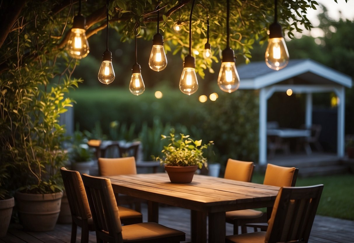 Several hanging pendant lights illuminate a cozy backyard garden, casting a warm and inviting glow over the lush greenery and creating a charming ambiance