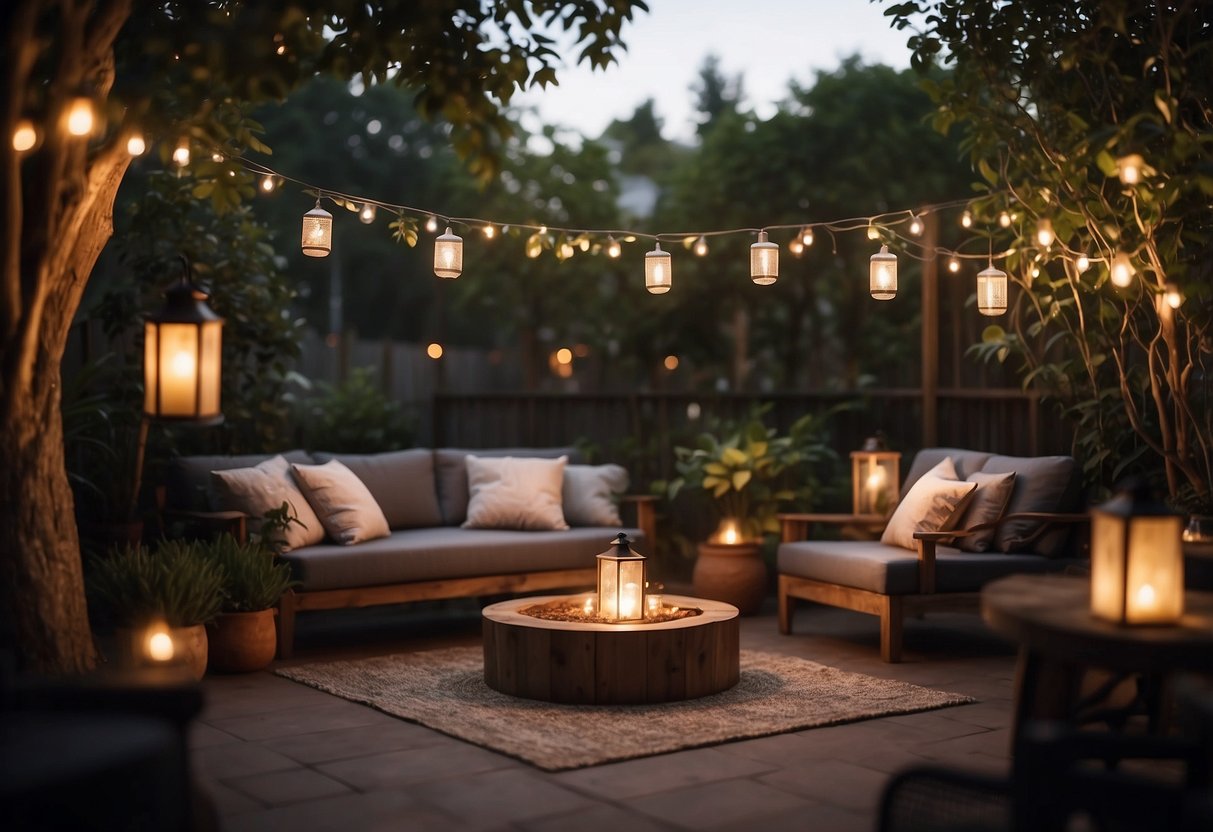 A backyard garden at dusk, softly illuminated by string lights wrapped around tree branches and hanging lanterns casting a warm glow over a cozy seating area