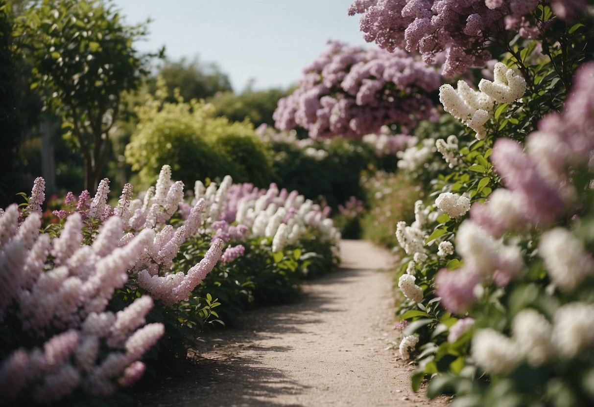 A winding garden pathway lined with blooming lilac bushes and white flowers