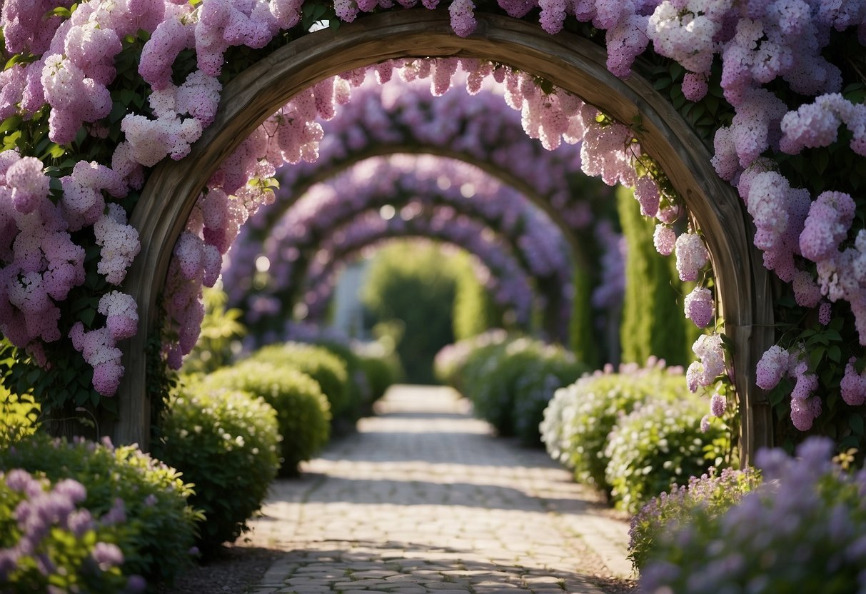 A grand archway covered in lilac blooms welcomes visitors into a lush garden filled with vibrant lilac flowers and winding pathways