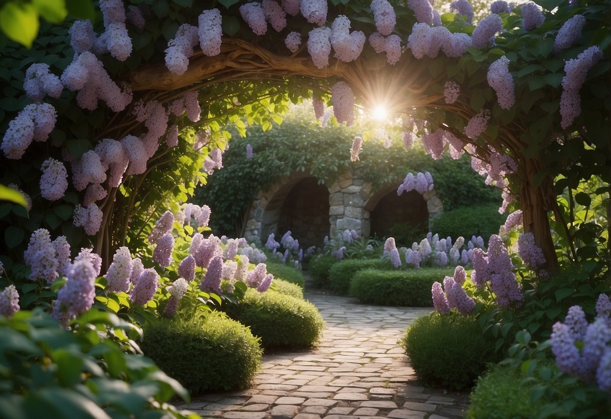 A serene lilac alcove in a fairy tale garden, with winding paths, lush greenery, and an abundance of blooming lilac bushes