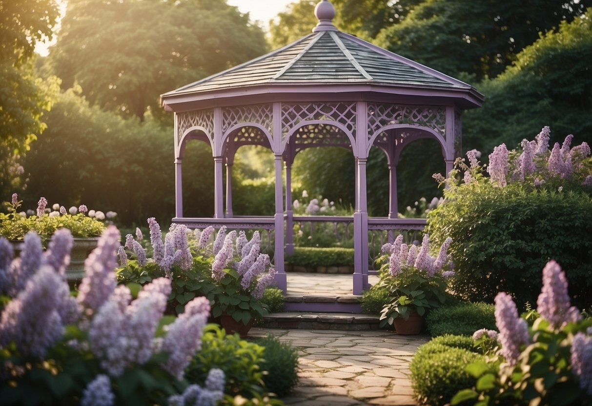 A Victorian lilac gazebo stands in the center of a lush garden, surrounded by blooming lilac bushes and vines, creating a serene and picturesque scene