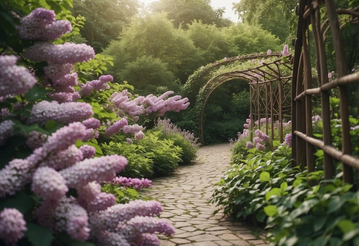 A winding trellis walkway surrounded by blooming lilac bushes and lush greenery