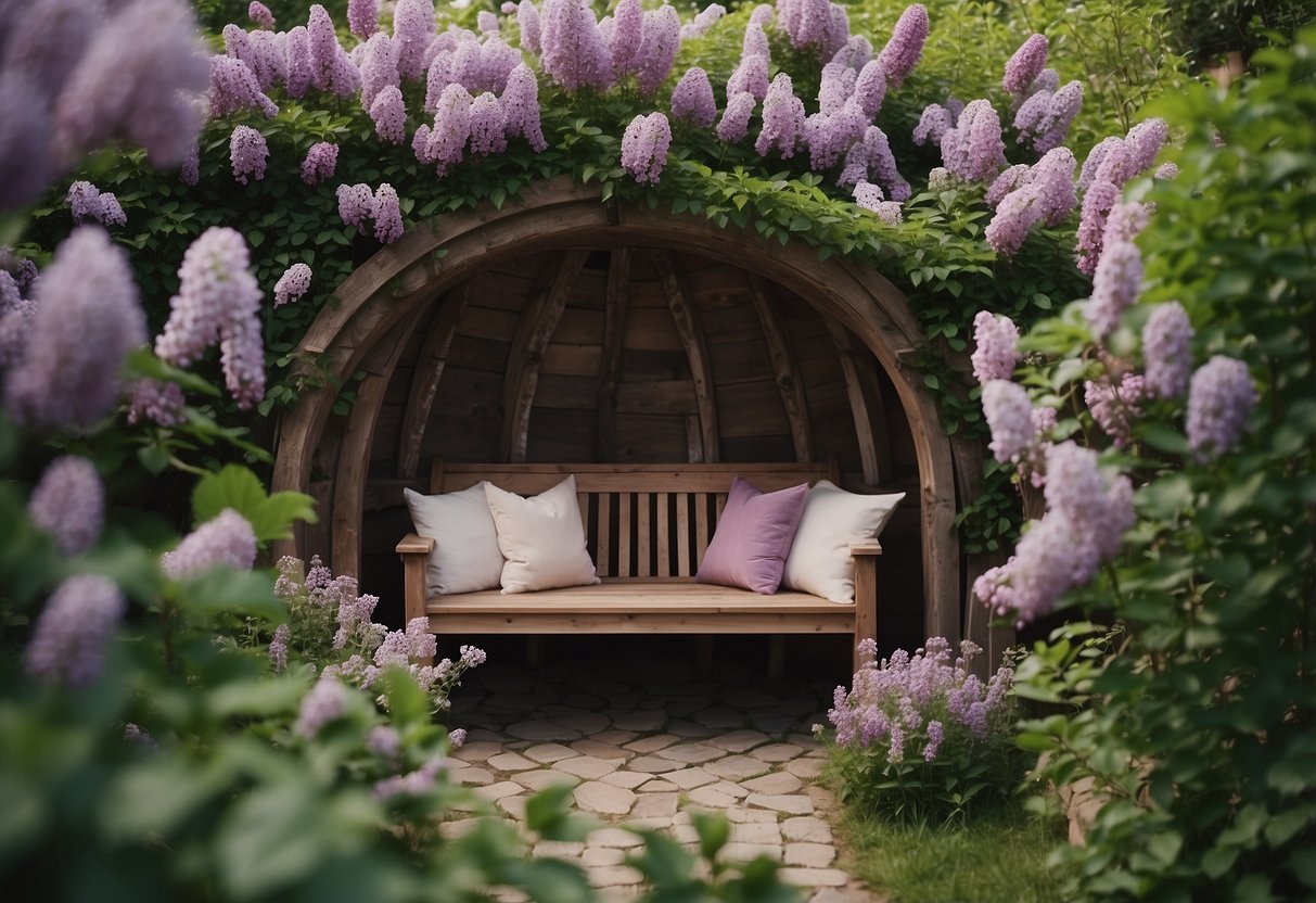 A cozy nook surrounded by blooming lilac bushes, with a small wooden bench and soft cushions for meditation. The air is filled with the sweet scent of lilacs, creating a peaceful and serene atmosphere