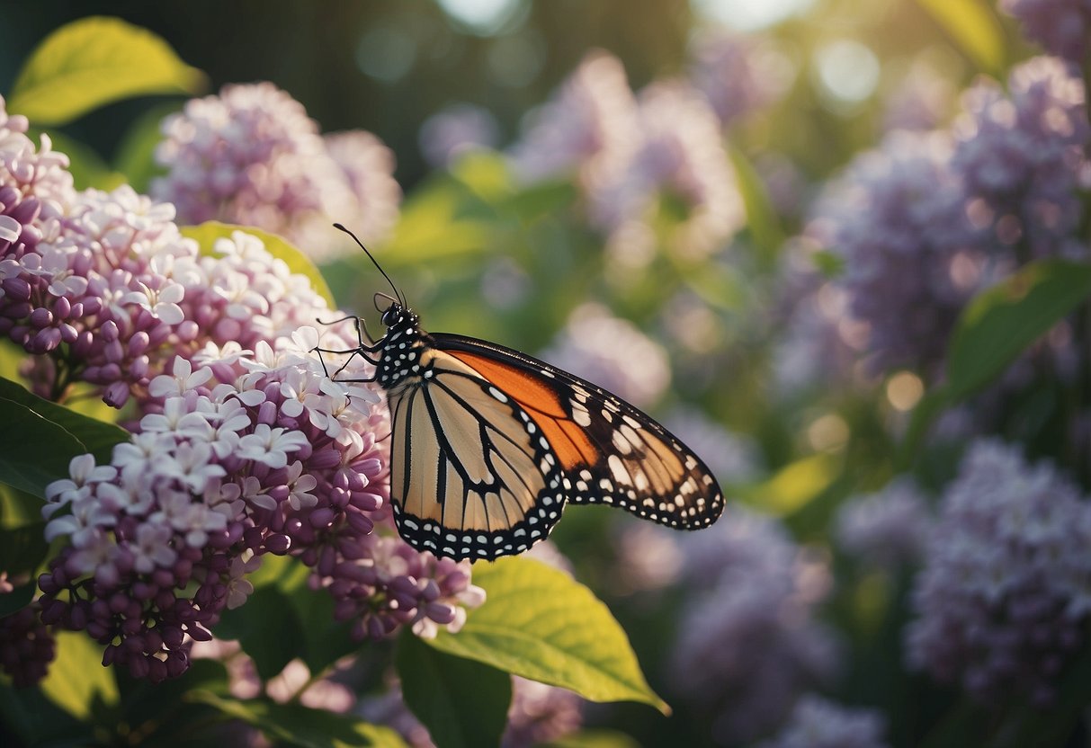 A serene lilac garden with fluttering butterflies and blooming flowers. A peaceful sanctuary filled with vibrant colors and delicate wings