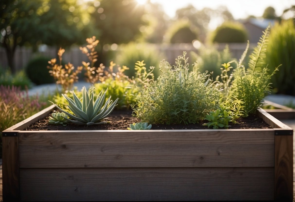 A raised bed filled with native plants, surrounded by low maintenance landscaping