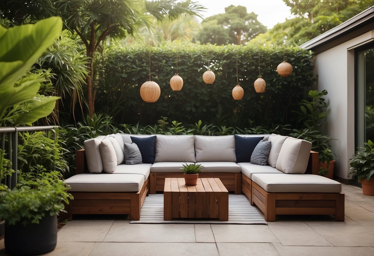 A teak sectional set sits on a patio, surrounded by lush greenery and potted plants. The lounge area exudes a cozy and inviting atmosphere, perfect for relaxing in a garden setting