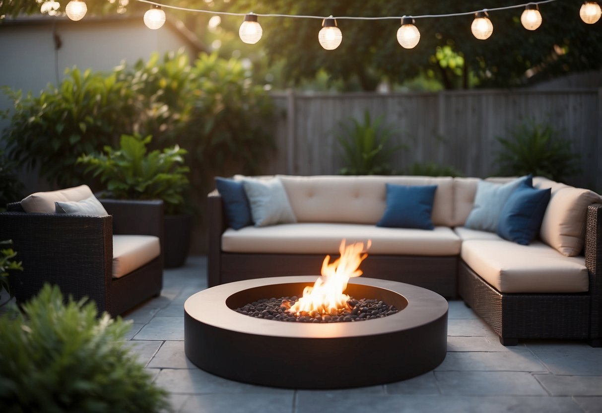 A cozy outdoor fire pit table sits in a lush garden patio, surrounded by comfortable lounge seating, creating a perfect space for relaxing and entertaining